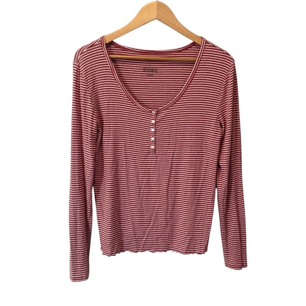 Arizona Henley Shirt Woman Large Red White Striped Long Sleeve Cotton